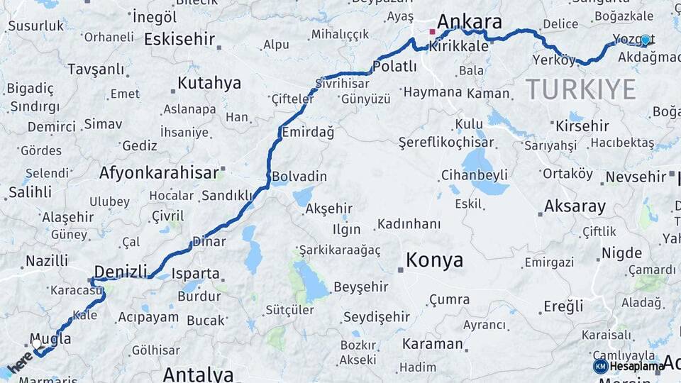 Yozgat Sorgun Muğla Arası Kaç Km - Yol Haritası
