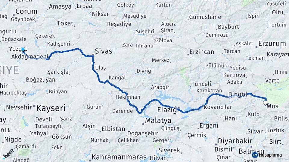 Yozgat Sorgun Muş Arası Kaç Km - Yol Haritası
