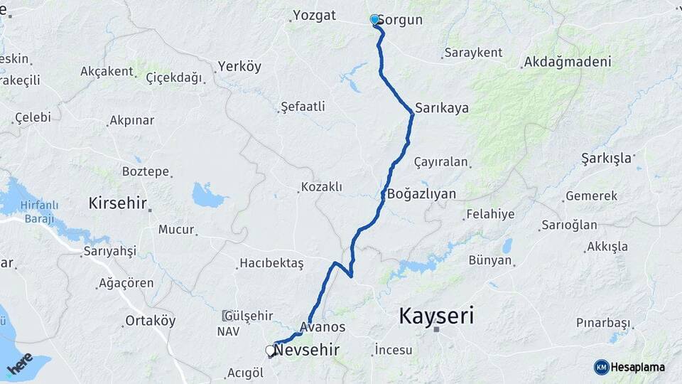 Yozgat Sorgun Nevşehir Arası Kaç Km - Yol Haritası