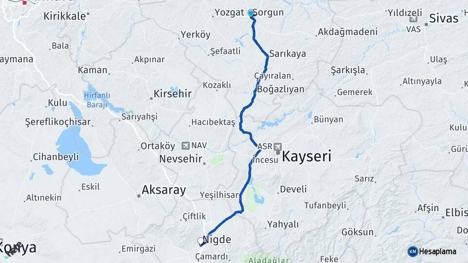 Yozgat Sorgun Niğde Arası Kaç Km - Yol Haritası