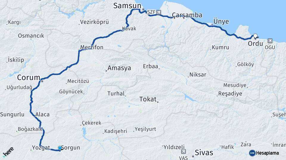 Yozgat Sorgun Ordu Arası Kaç Km - Yol Haritası