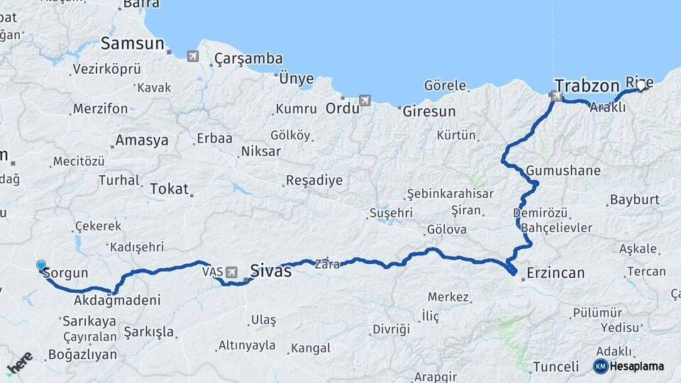Yozgat Sorgun Rize Arası Kaç Km - Yol Haritası