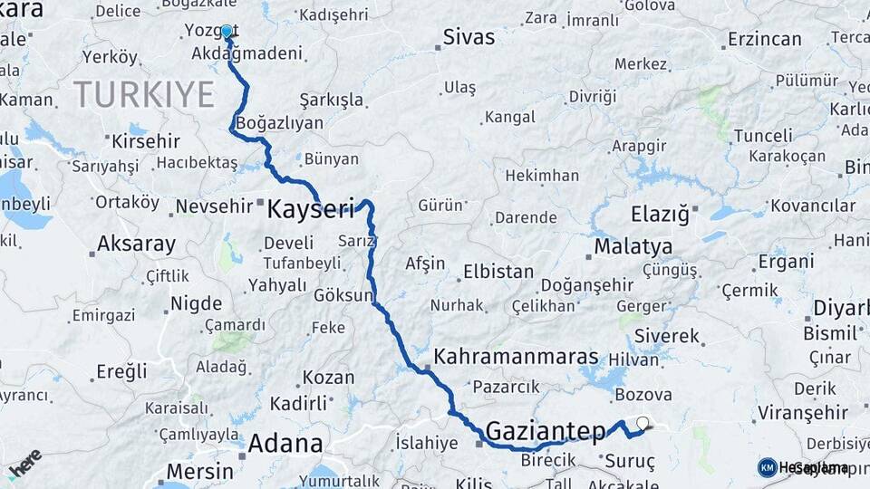 Yozgat Sorgun Şanlıurfa Arası Kaç Km - Yol Haritası