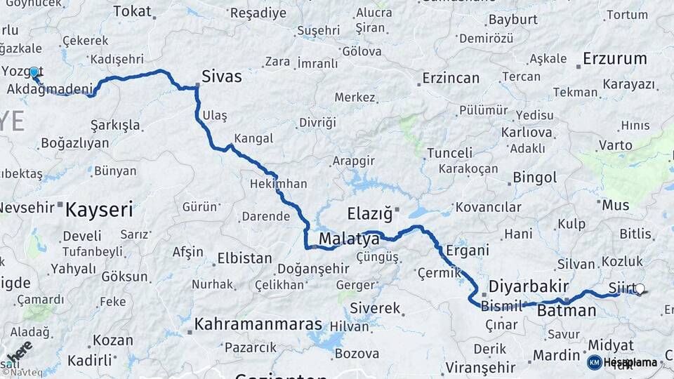 Yozgat Sorgun Siirt Arası Kaç Km - Yol Haritası