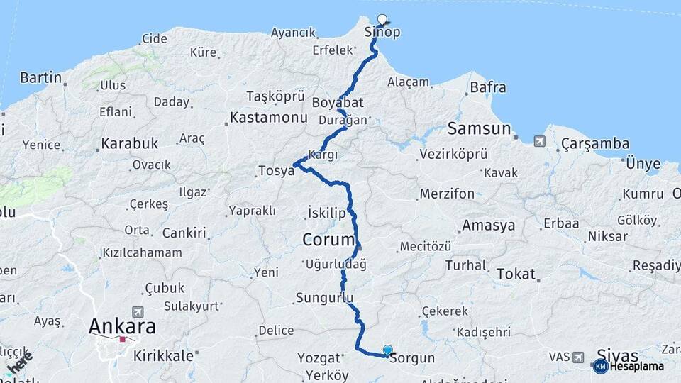 Yozgat Sorgun Sinop Arası Kaç Km - Yol Haritası