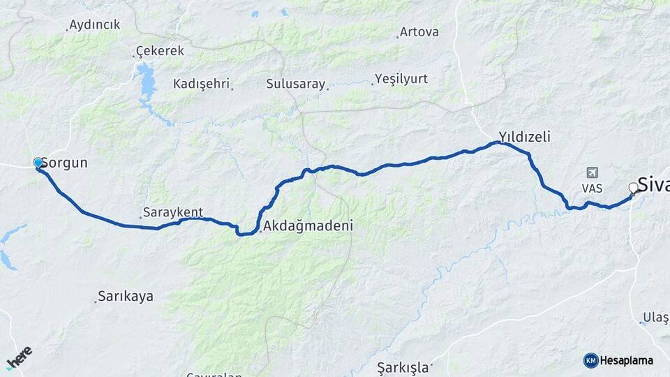 Yozgat Sorgun Sivas Arası Kaç Km - Yol Haritası