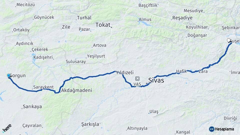 Yozgat Sorgun Suşehri Sivas Arası Kaç Km - Yol Haritası
