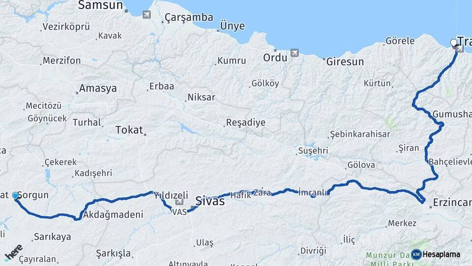 Yozgat Sorgun Trabzon Arası Kaç Km - Yol Haritası