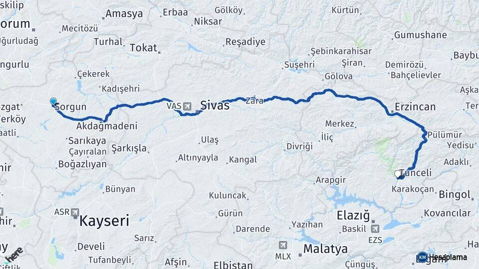 Yozgat Sorgun Tunceli Arası Kaç Km - Yol Haritası