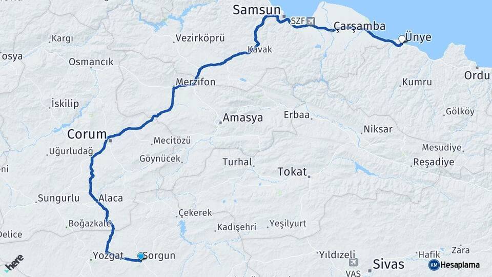 Yozgat Sorgun Ünye Ordu Arası Kaç Km - Yol Haritası