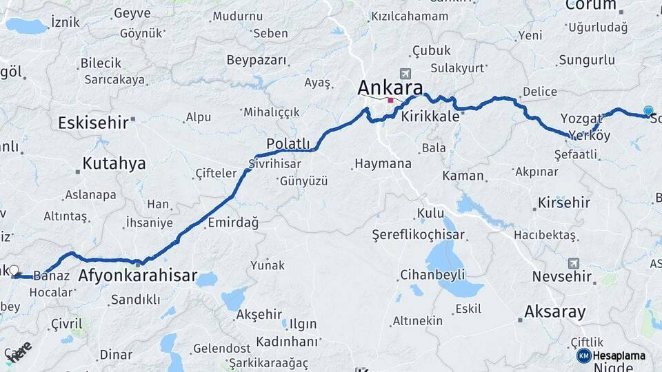 Yozgat Sorgun Uşak Arası Kaç Km - Yol Haritası