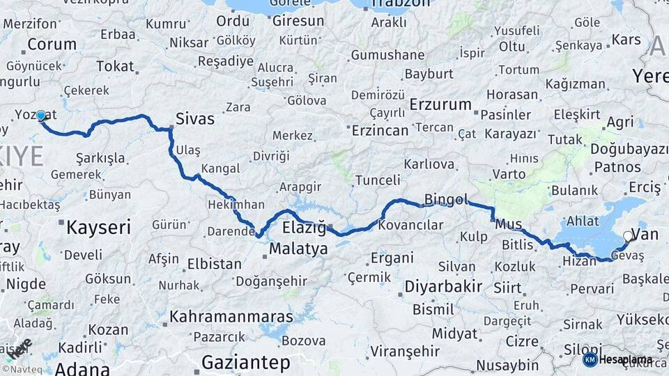Yozgat Sorgun Van Arası Kaç Km - Yol Haritası