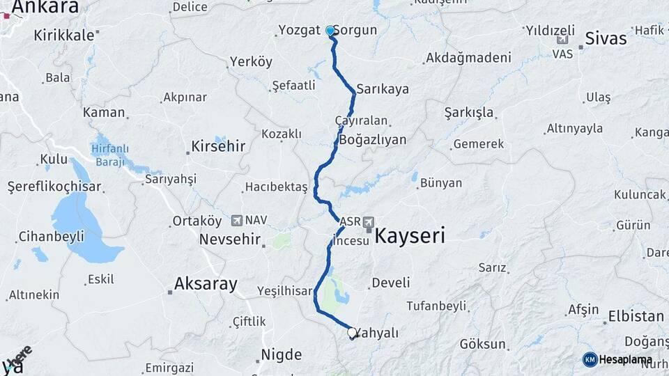 Yozgat Sorgun Yahyalı Kayseri Arası Kaç Km - Yol Haritası