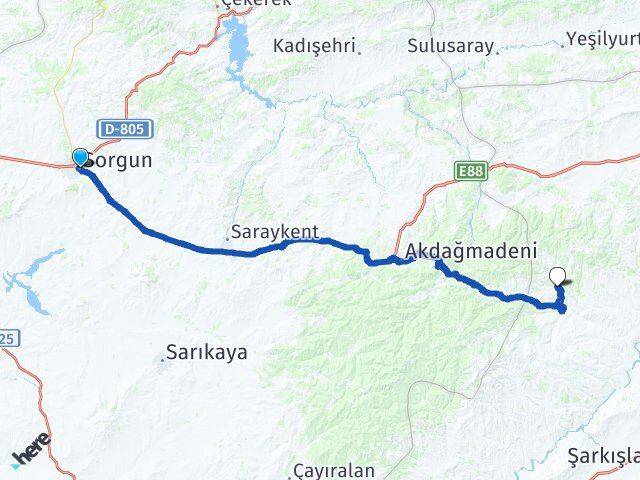 Yozgat Sorgun Yahyalı Şarkışla Sivas Arası Kaç Km - Yol Haritası