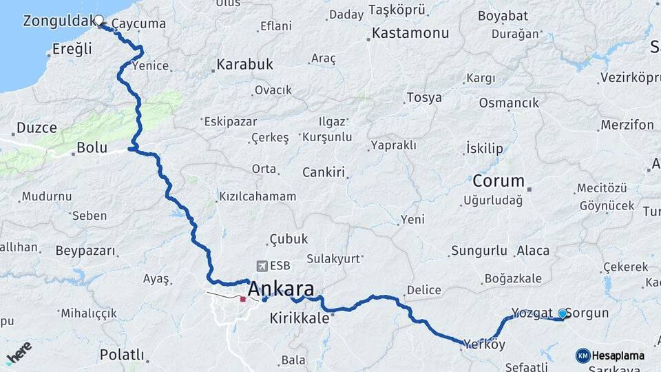 Yozgat Sorgun Zonguldak Arası Kaç Km - Yol Haritası