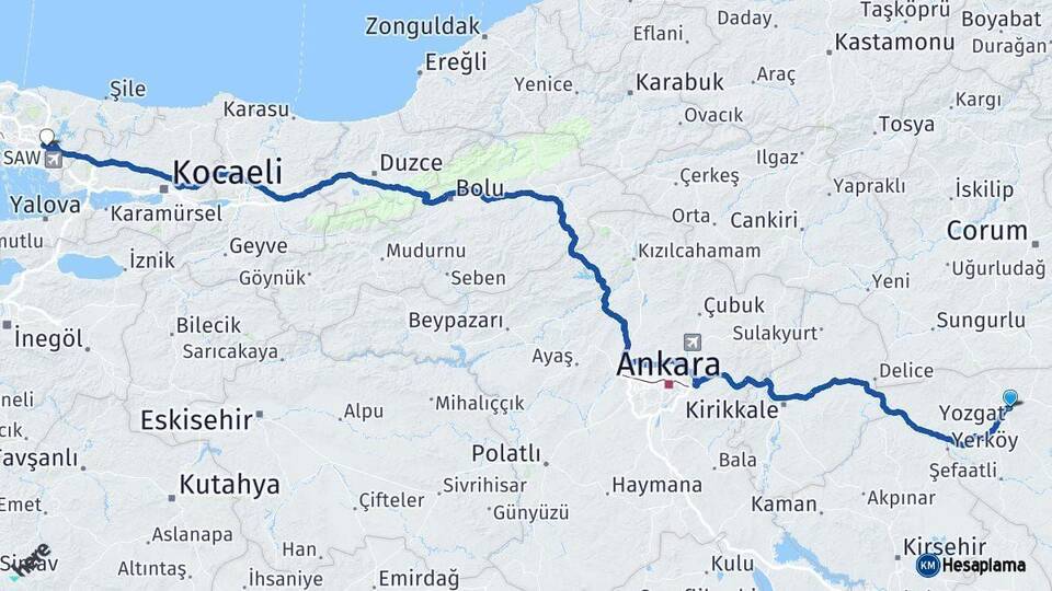 Yozgat Sultanbeyli İstanbul Arası Kaç Km - Yol Haritası