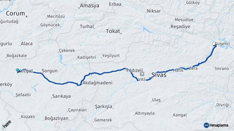 Yozgat Suşehri Sivas Arası Kaç Km - Yol Haritası