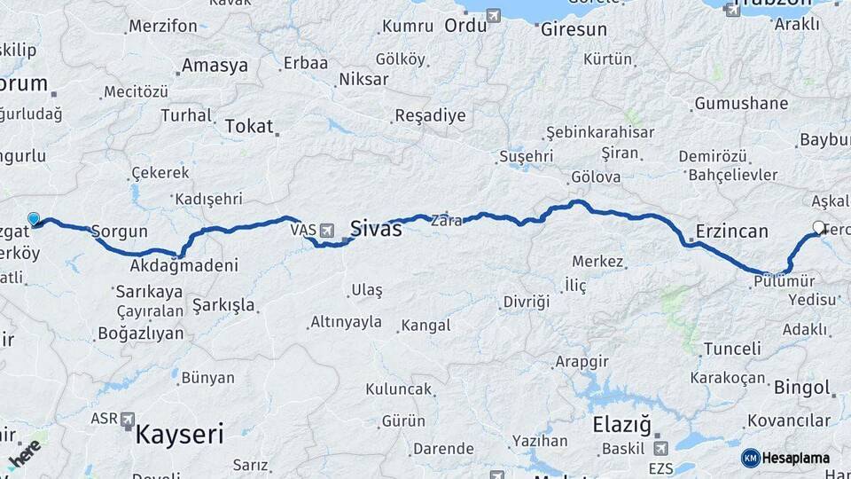 Yozgat Tercan Erzincan Arası Kaç Km - Yol Haritası