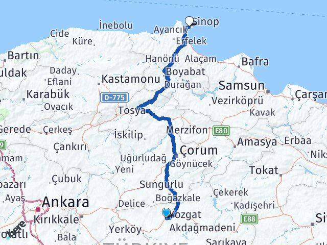 Yozgat Otogarı Sinop Arası Kaç Km - Yol Tarifi