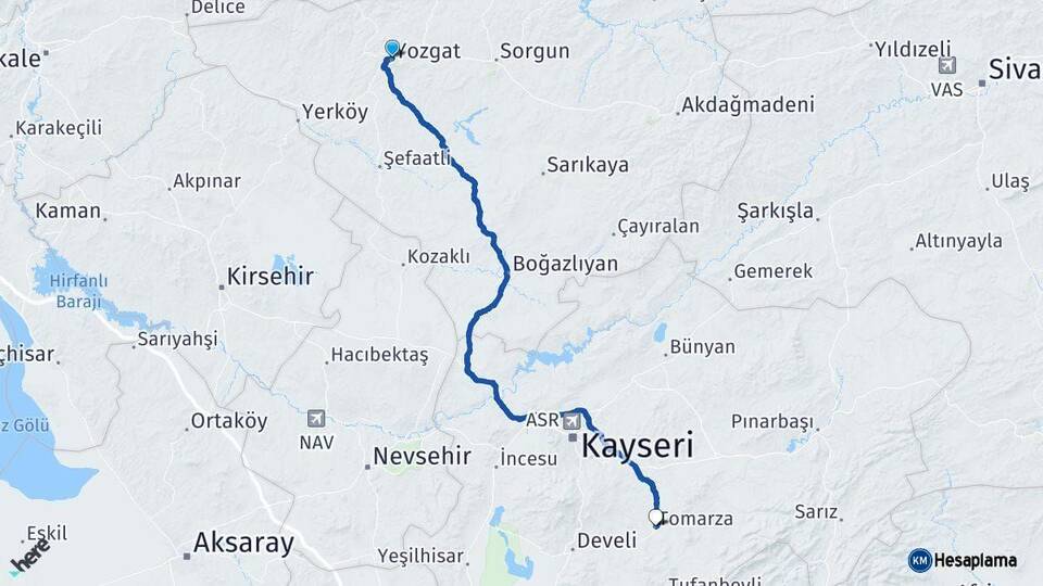 Yozgat Tomarza Kayseri Arası Kaç Km - Yol Haritası