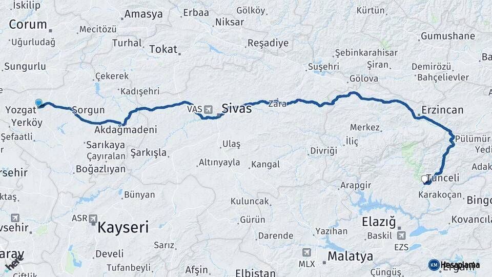 Yozgat Tunceli Arası Kaç Km - Yol Haritası