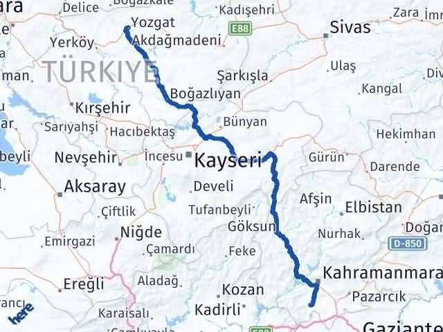 Yozgat Türkoğlu Kahramanmaraş Arası Kaç Km - Yol Haritası