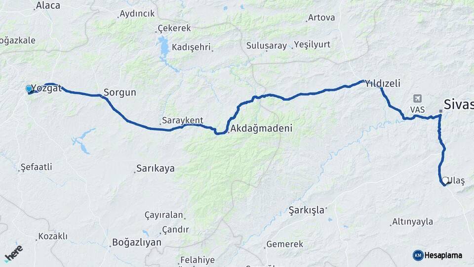Yozgat Ulaş Sivas Arası Kaç Km - Yol Haritası