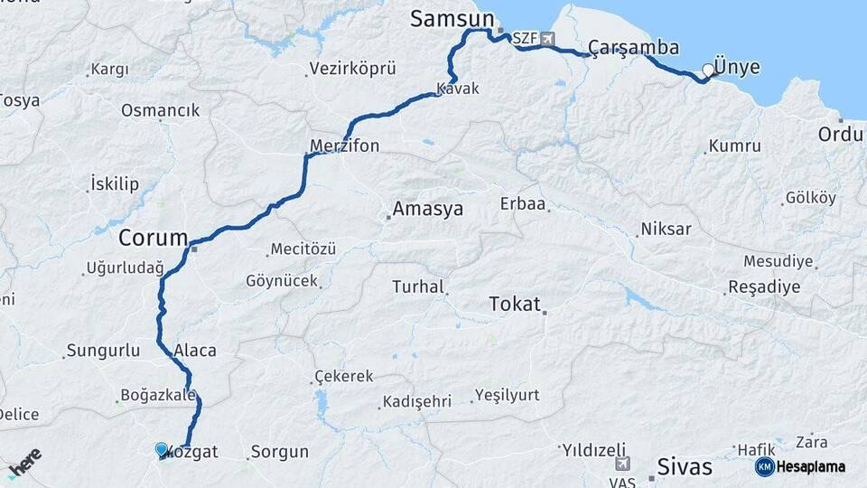 Yozgat Ünye Ordu Arası Kaç Km - Yol Haritası