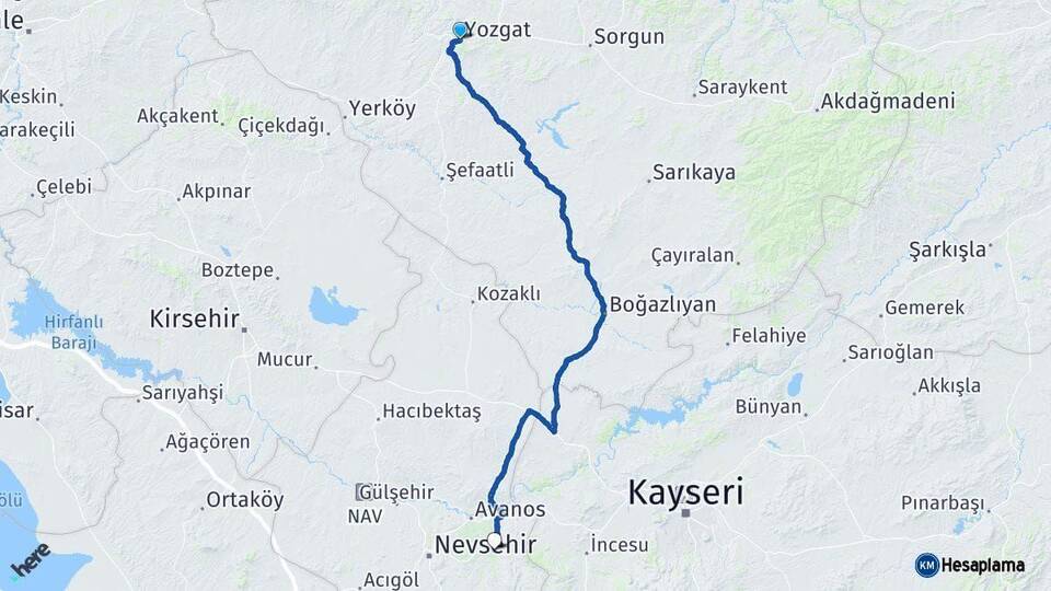 Yozgat Ürgüp Nevşehir Arası Kaç Km - Yol Haritası