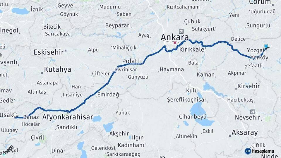 Yozgat Uşak Arası Kaç Km - Yol Haritası