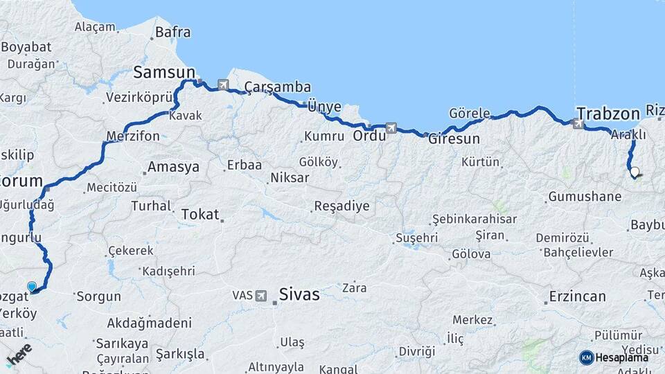Yozgat Uzungöl Çaykara Trabzon Arası Kaç Km - Yol Haritası