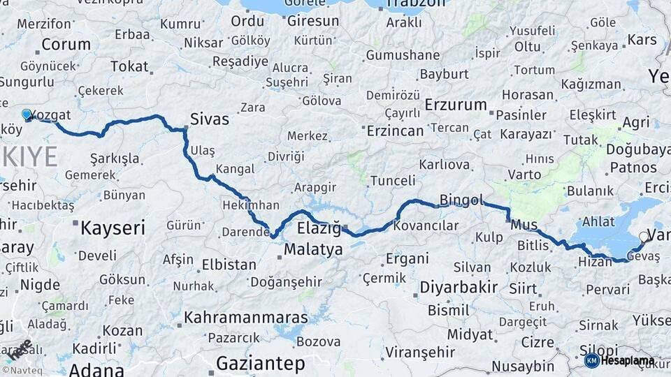 Yozgat Van Arası Kaç Km - Yol Haritası