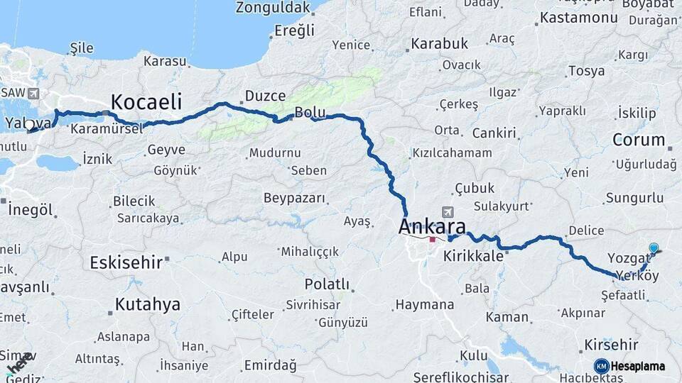 Yozgat Yalova Arası Kaç Km - Yol Haritası