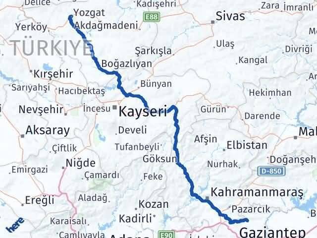 Yozgat Yavuzeli Gaziantep Arası Kaç Km - Yol Haritası