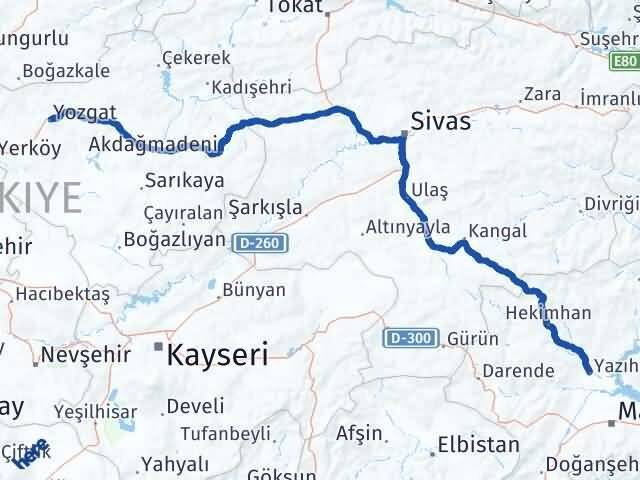 Yozgat Yazıhan Malatya Arası Kaç Km - Yol Haritası
