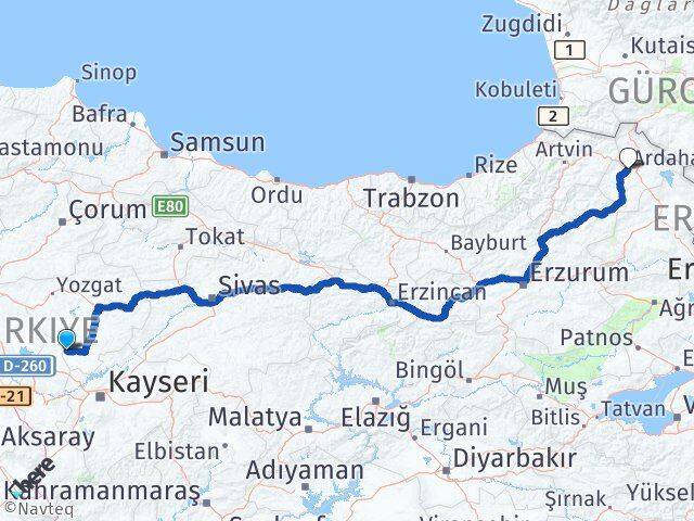 Yozgat Yenifakılı Ardahan Arası Kaç Km - Yol Haritası