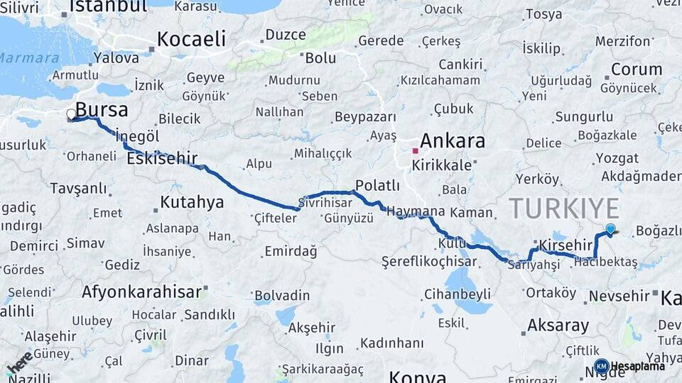 Yozgat Yenifakılı Bursa Arası Kaç Km - Yol Haritası