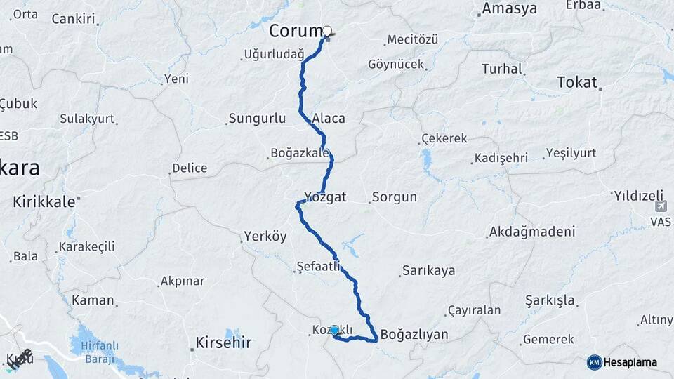 Yozgat Yenifakılı Çorum Arası Kaç Km - Yol Haritası