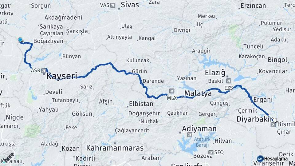 Yozgat Yenifakılı Diyarbakır Arası Kaç Km - Yol Haritası