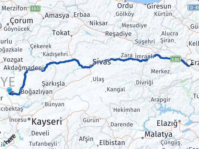 Yozgat Yenifakılı Erzincan Arası Kaç Km - Yol Haritası