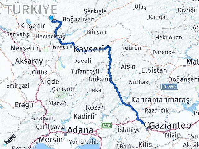Yozgat Yenifakılı Gaziantep Arası Kaç Km - Yol Haritası
