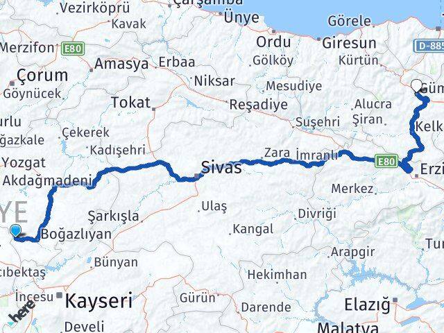 Yozgat Yenifakılı Gümüşhane Arası Kaç Km - Yol Haritası