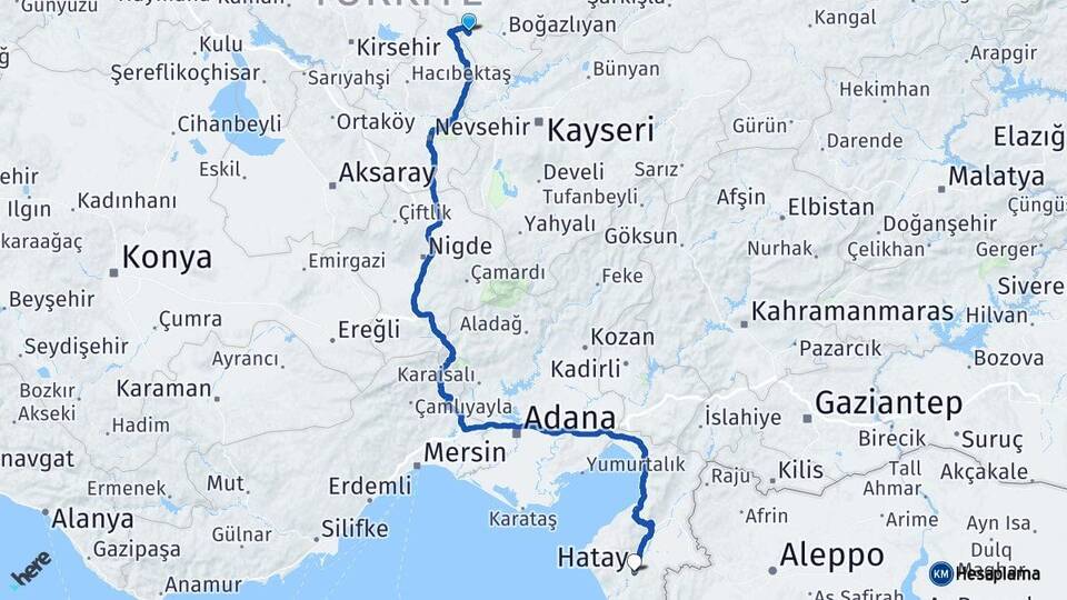 Yozgat Yenifakılı Hatay Arası Kaç Km - Yol Haritası