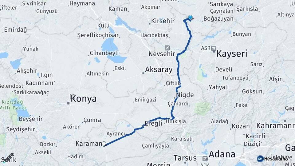 Yozgat Yenifakılı Karaman Arası Kaç Km - Yol Haritası