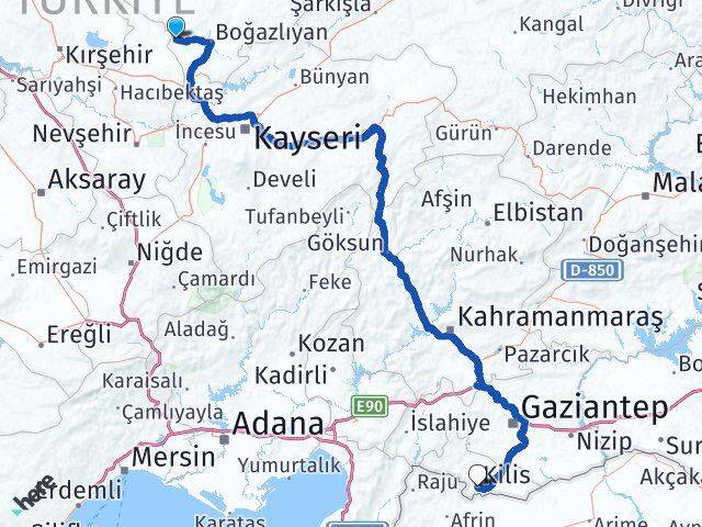 Yozgat Yenifakılı Kilis Arası Kaç Km - Yol Haritası