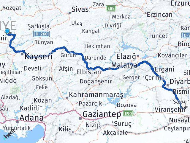 Yozgat Yenifakılı Mardin Arası Kaç Km - Yol Haritası