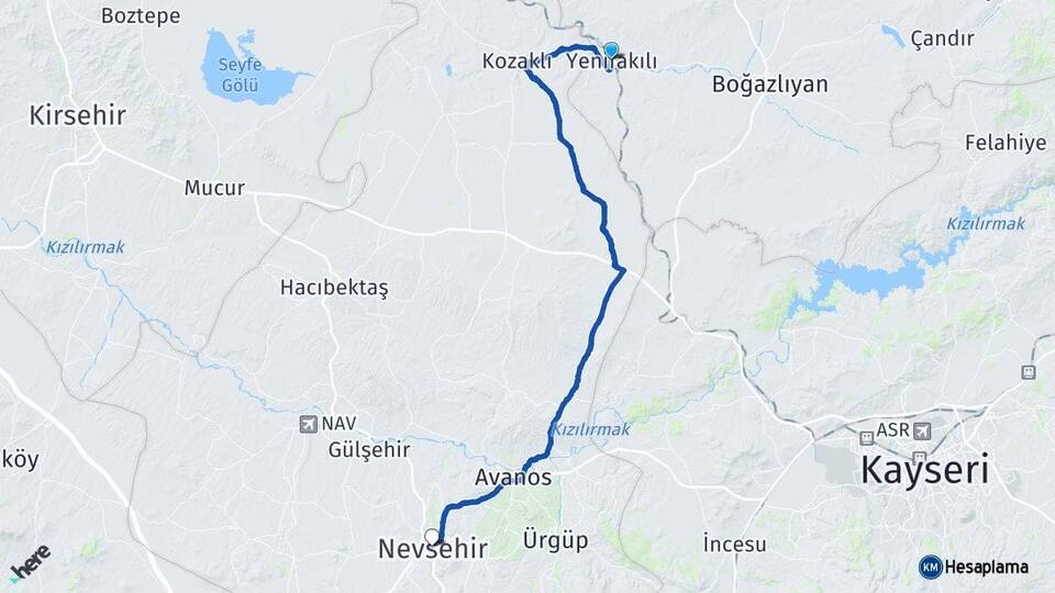 Yozgat Yenifakılı Nevşehir Arası Kaç Km - Yol Haritası