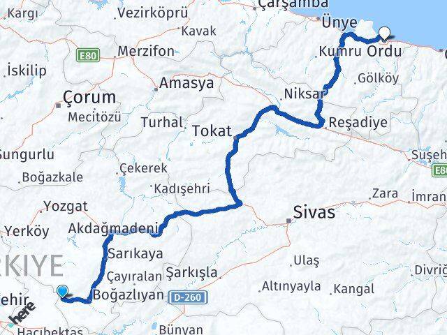 Yozgat Yenifakılı Ordu Arası Kaç Km - Yol Haritası