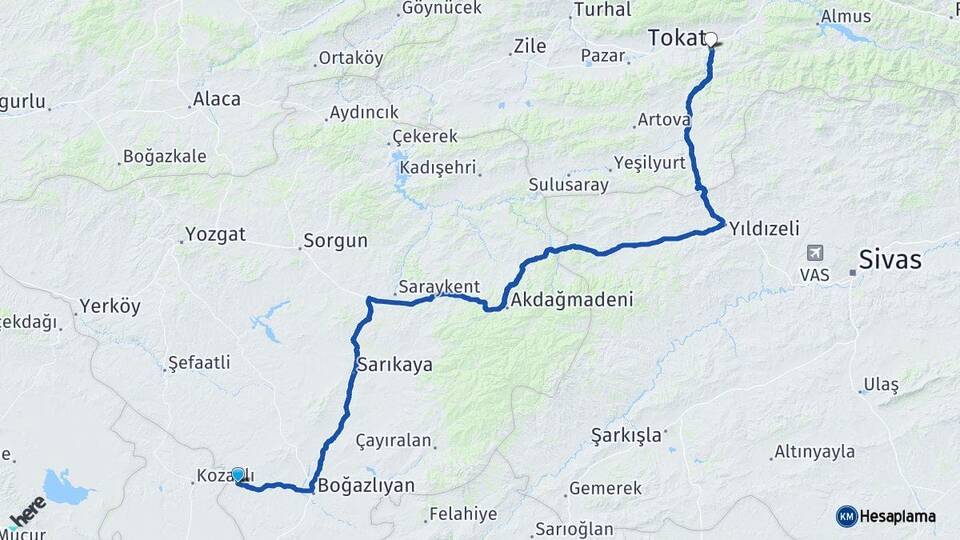 Yozgat Yenifakılı Tokat Arası Kaç Km - Yol Haritası