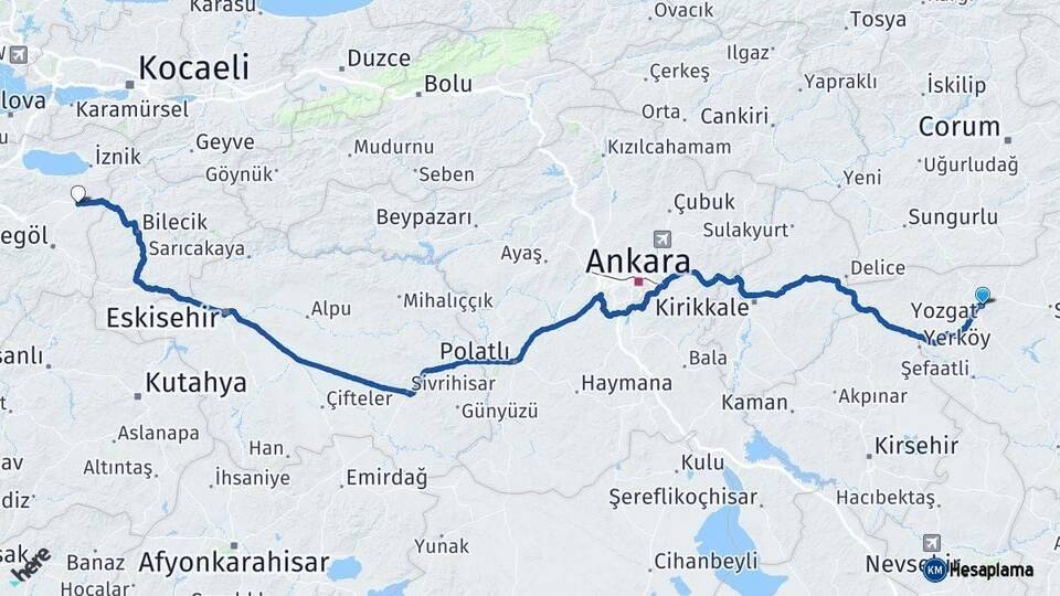 Yozgat Yenişehir Bursa Arası Kaç Km - Yol Haritası